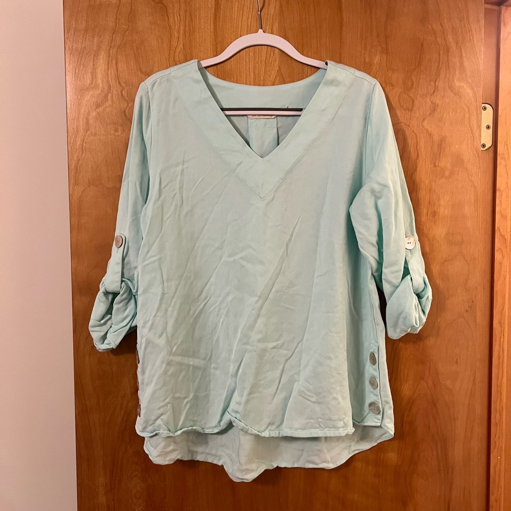 Soft Surroundings Fairmont Tencel Tunic Top V-Neck Roll Tab Sleeve Large